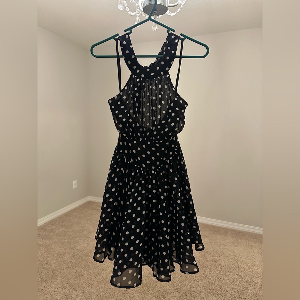 Elegant Black Halter Neck Polka Dot A-line Dress